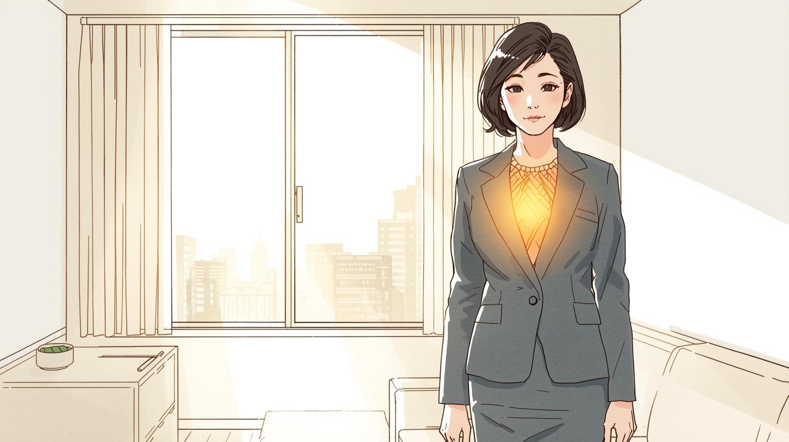 朝、体が重く感じる40代のマンガ風イラスト。体の一部が鉛のようにグレーになっているが、内側から光が差し始めている様子。