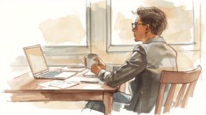 デスクでパソコンを前にしながら、思考が止まって外を眺める人のスケッチ。仕事への意欲が湧かない時の「停滞感」を、温かみのある手書きの質感で表現。