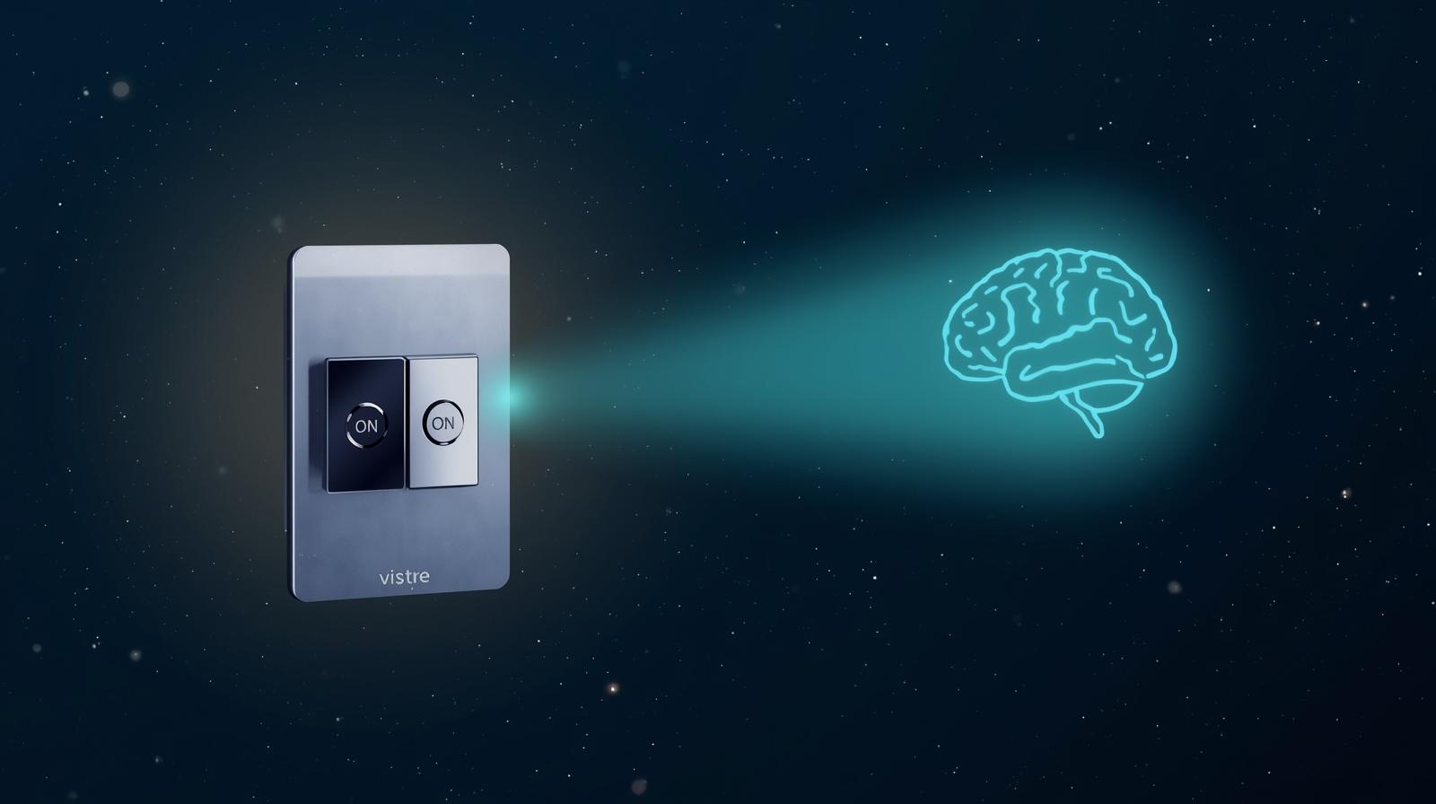 深い紺色の夜空に浮かぶ、脳のシルエットと「OFF」に切り替わるスイッチのイラスト。寝つきを良くするために脳の覚醒を鎮めるイメージ。