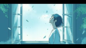  窓際で深呼吸をして、心身をリフレッシュさせている人のマンガ風イラスト