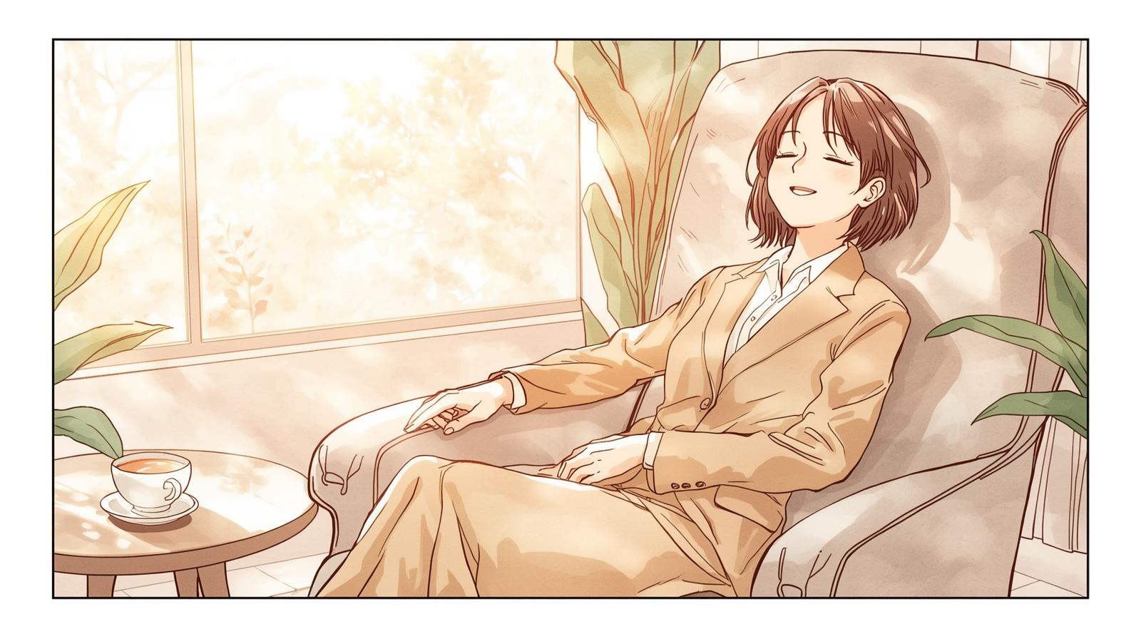 椅子に座ってリラックスした表情を浮かべる40代のマンガ風イラスト。窓からの柔らかな光と温かいお茶が、心の安らぎを表現している。