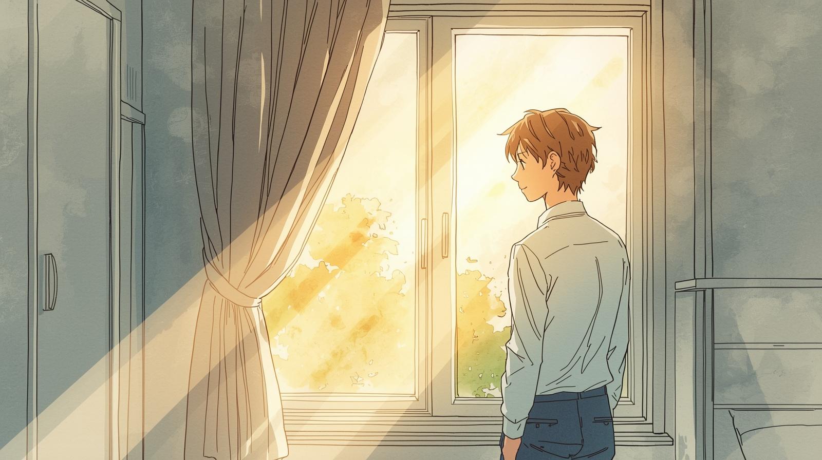朝、カーテンを開けて太陽の光を浴びる40代のマンガ風イラスト。朝のだるさを解消し、前向きに一日を始めるイメージ。