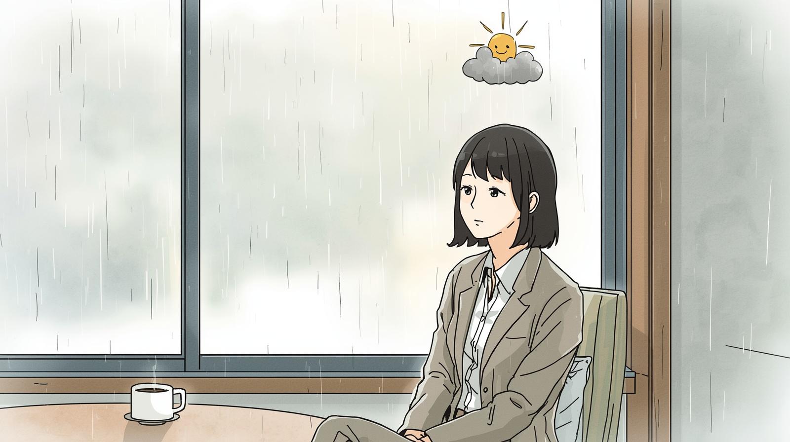 雨の日に窓際で耳マッサージをする40代のマンガ風イラスト。梅雨の体調不良（気象病）をセルフケアで整えるイメージ。