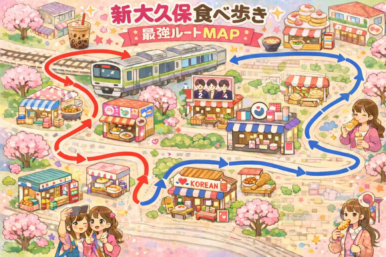 新大久保のおすすめ食べ歩きルートマップ。平日の王道コースと休日の混雑回避コースの2種類の動線を、イラスト地図上に矢印で示し、各スポットの回る順番と目安時間を記載。