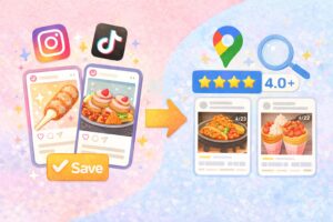 新大久保グルメのお店選びフロー図。SNS（Instagram/TikTok）で映えるお店を見つけたら、必ずGoogleマップで直近のリアルな口コミと評価を確認して検証する手順を図解。 