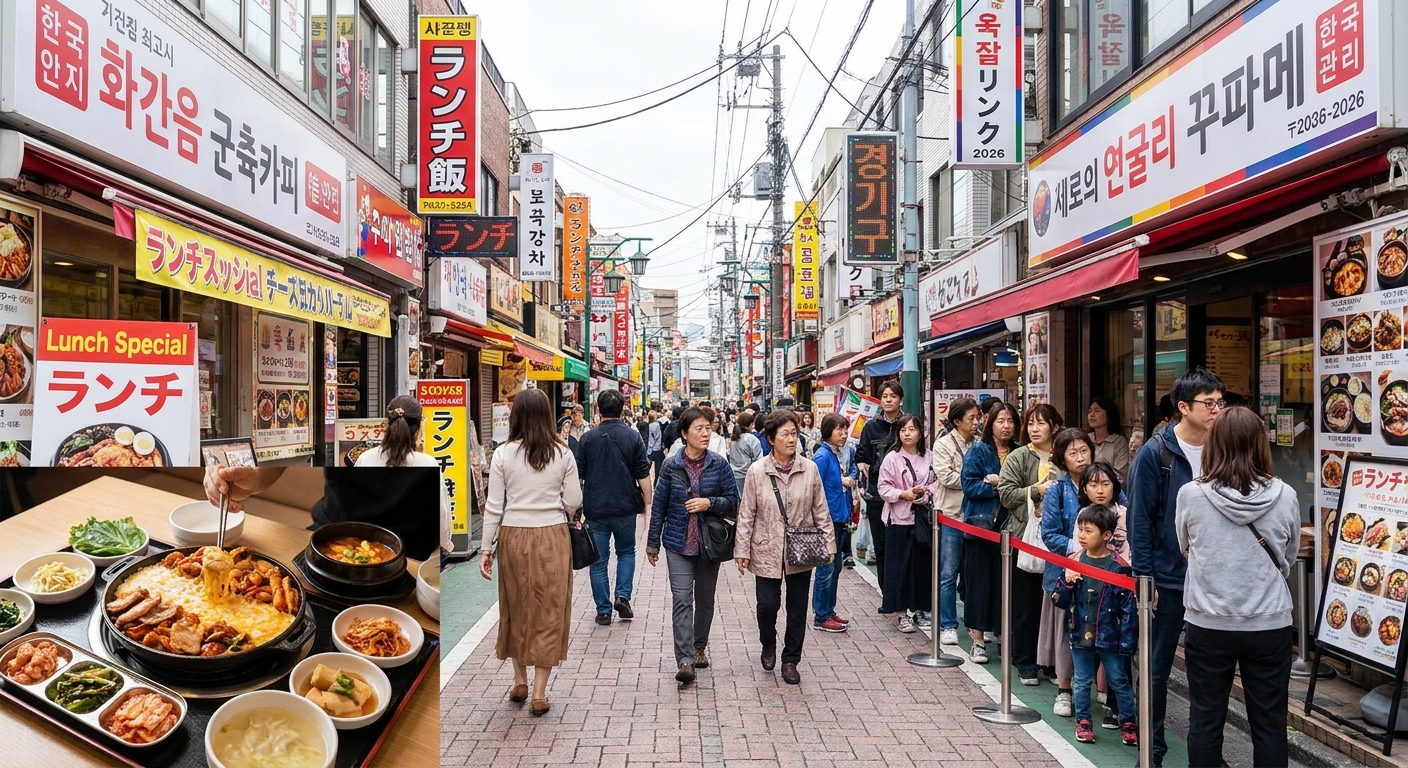 多くの人で賑わう2026年の東京・新大久保のランチタイムの様子。看板には「ランチ」などの文字が見え、人気店には行列ができている。左下には、食欲をそそるチーズタッカルビのランチセットの写真が挿入されている